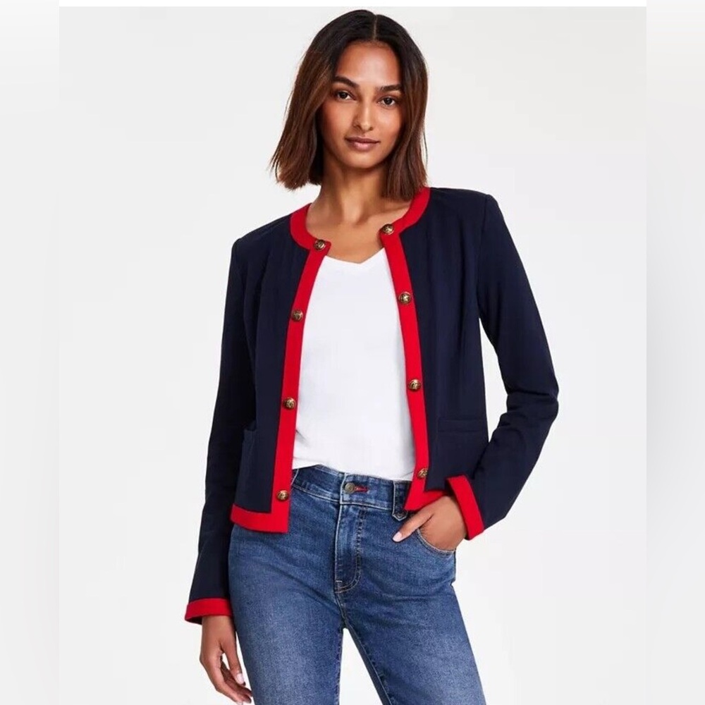 Navy and Red Contrast Trim Women's Open-Front Jacket